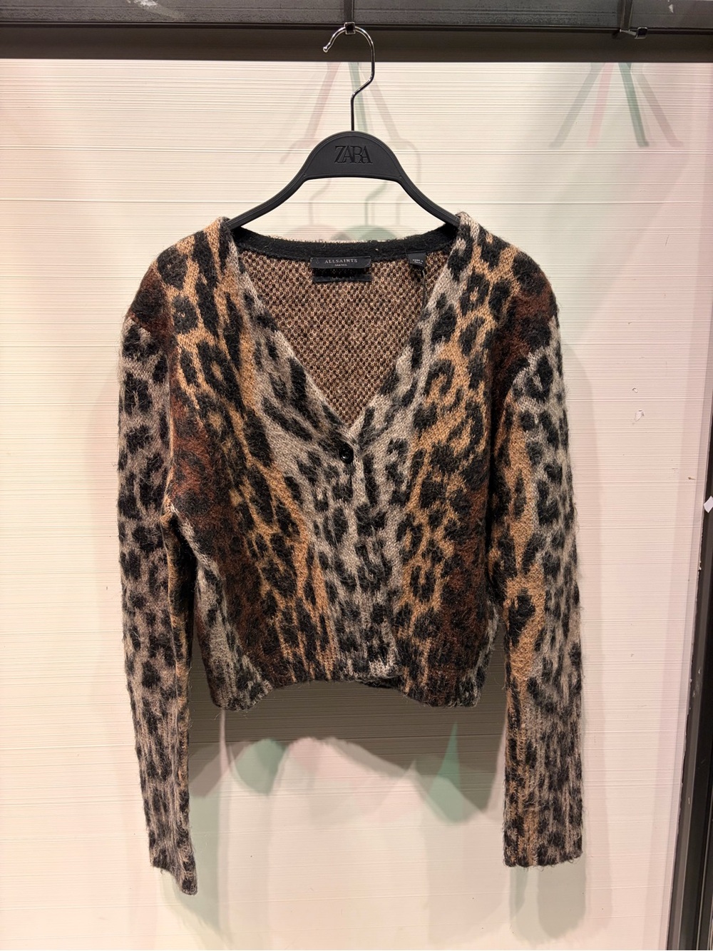 AllSaints Leopard Print V-Neck Fuzzy Sweater Cardigan